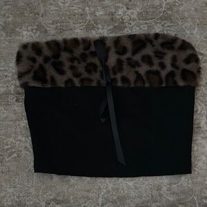 Y2K Leopard Print Fur Trim Black Tube Top